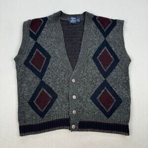 Vintage Polo Club Sweater Mens Large Grey Diamond Pattern Button Up Vest USA 90s